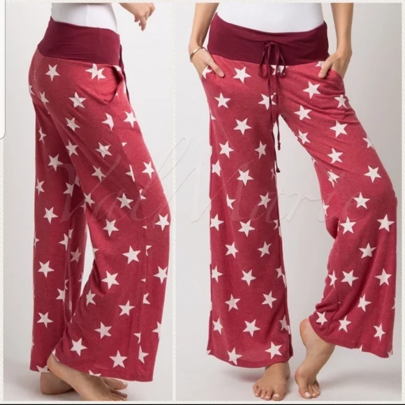 Ribbed Knit Star Print Lounge Pants Drawstring - Picture 4 of 7
